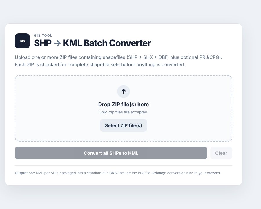 SHP to KML Batch Converter upload screen