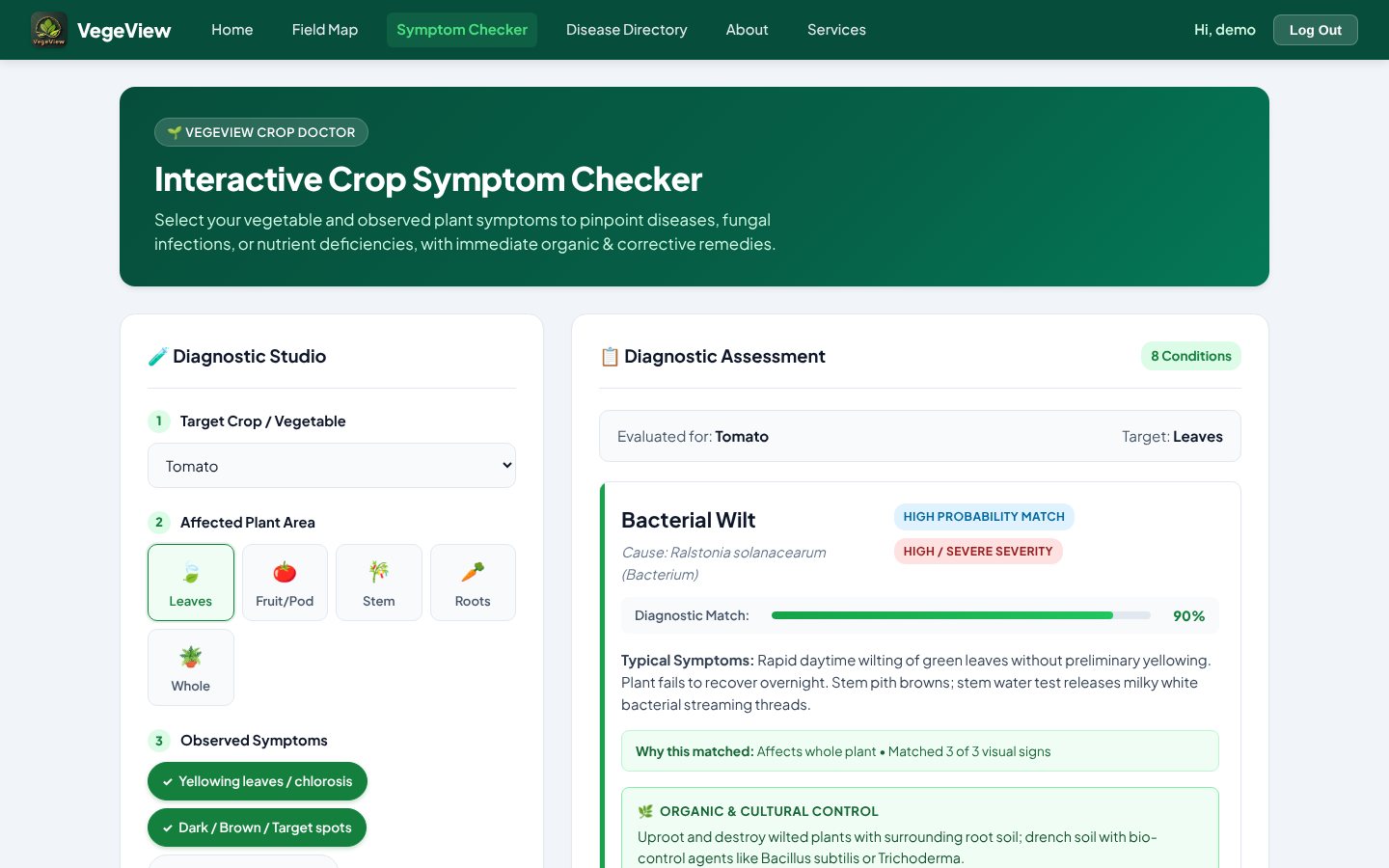 VegeView symptom checker diagnosing bacterial wilt on tomato leaves with a 90% match and treatment advice